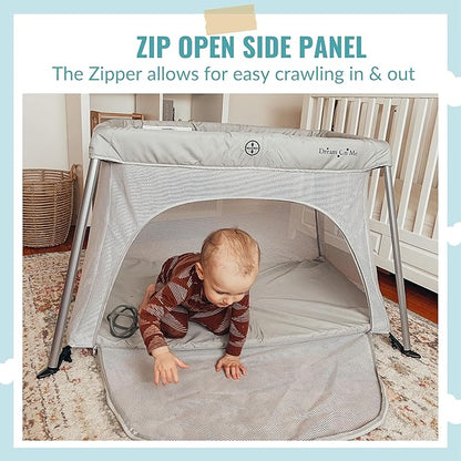 Dream On Me Travel Light Baby Playard with Zipper Access Door, Breathable Mesh Sides with Soft Comfortable Mattress, Easy Fold Design with Travel Carry Bag, Compact Space Saving Design - Grey