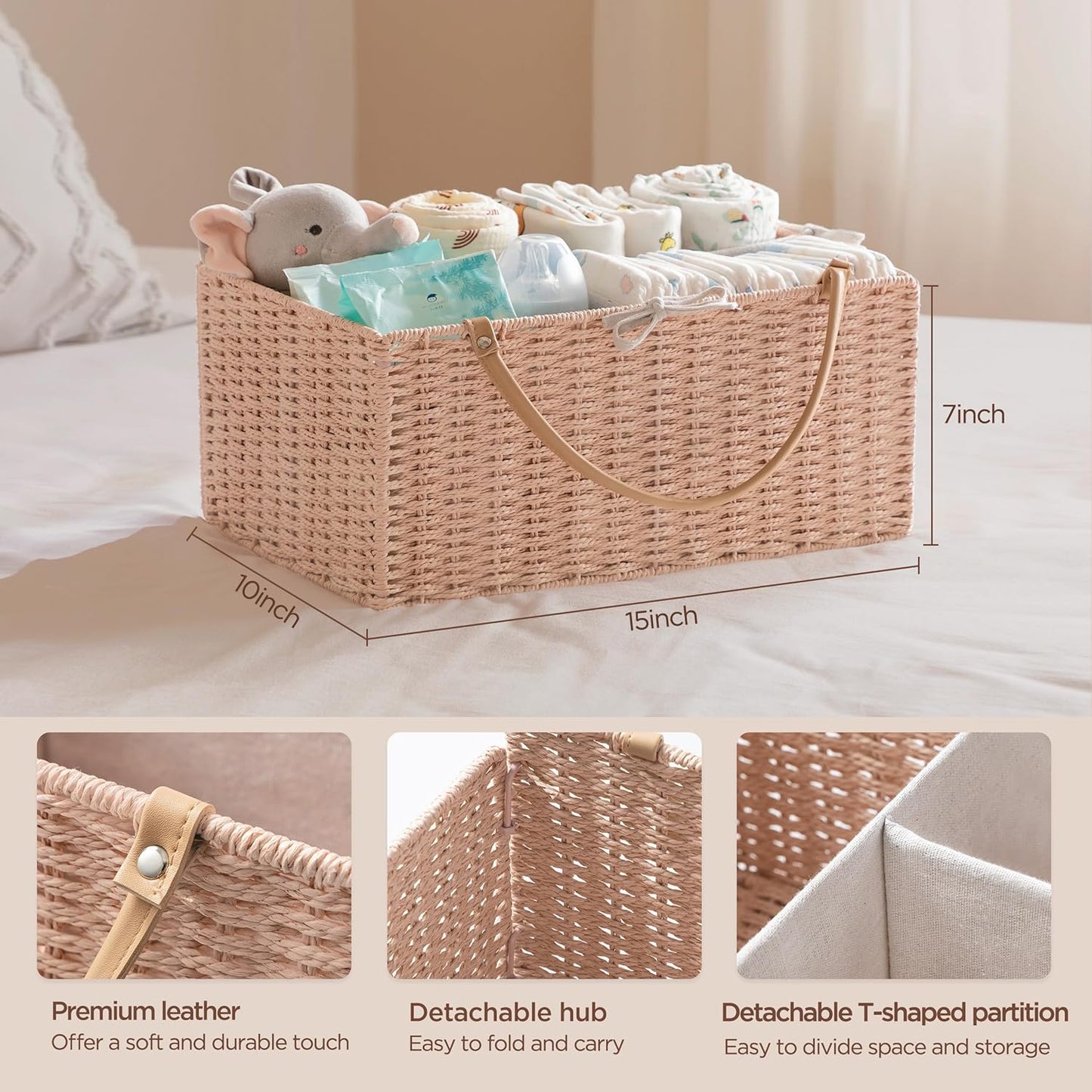 HBlife Large Baby Diaper Caddy Organizer, Paper Rope Storage Baskets Nursery Bin with Removable Divider, Portable Car Organizer for Diapers, Baby Shower Gifts, Newborn Essentials Must Haves