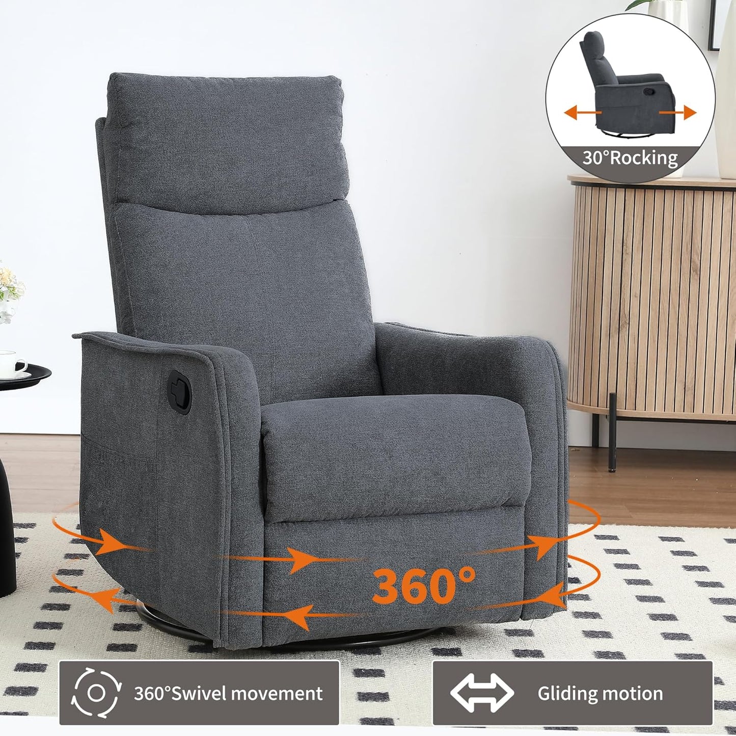 Swivel Rocker Recliner Chair for Adults, Nursery Rocking Chair with Heat and Massage, Glider Reclining Chair for Small Space Living Room Bedroom, Faux Leather Black
