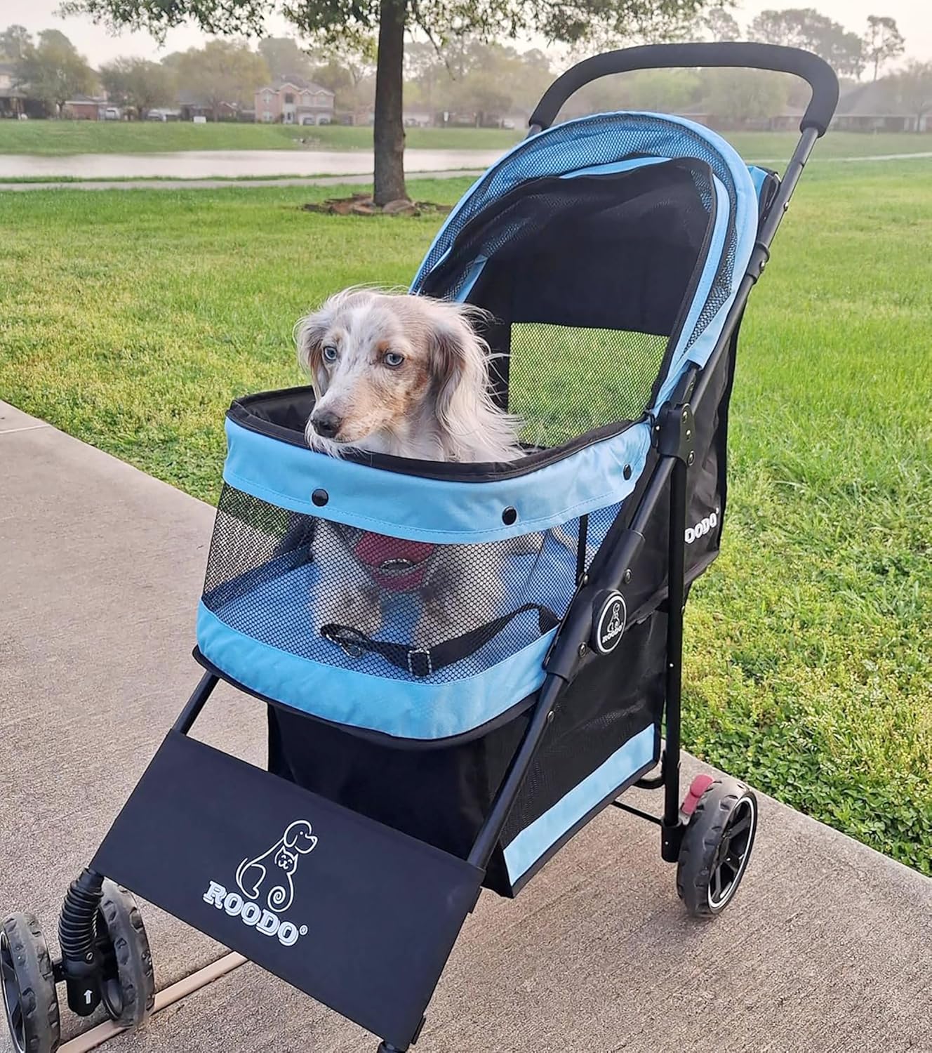 ROODO 4 Wheel Dog Cat Pet Stroller Best Lightweight Foldable Compact Portable Jogger All Terrain Travel Pet Gear Puppy Doggie Bunny Kitty Stroller for up to 30lbs Medium Small Dogs Cats(Light Khaki)