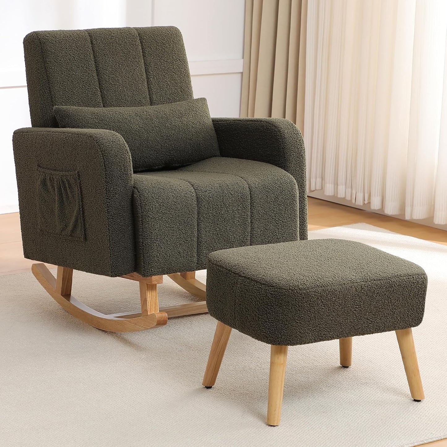 HCHAIRH Nursery Rocking Chair with Ottoman, Upholstered Glider Rocker with High Backrest Side Pocket, Rocking Accent Armchair with Solid Wood Legs for Nursery, Living Room, Bedroom, Light Grey