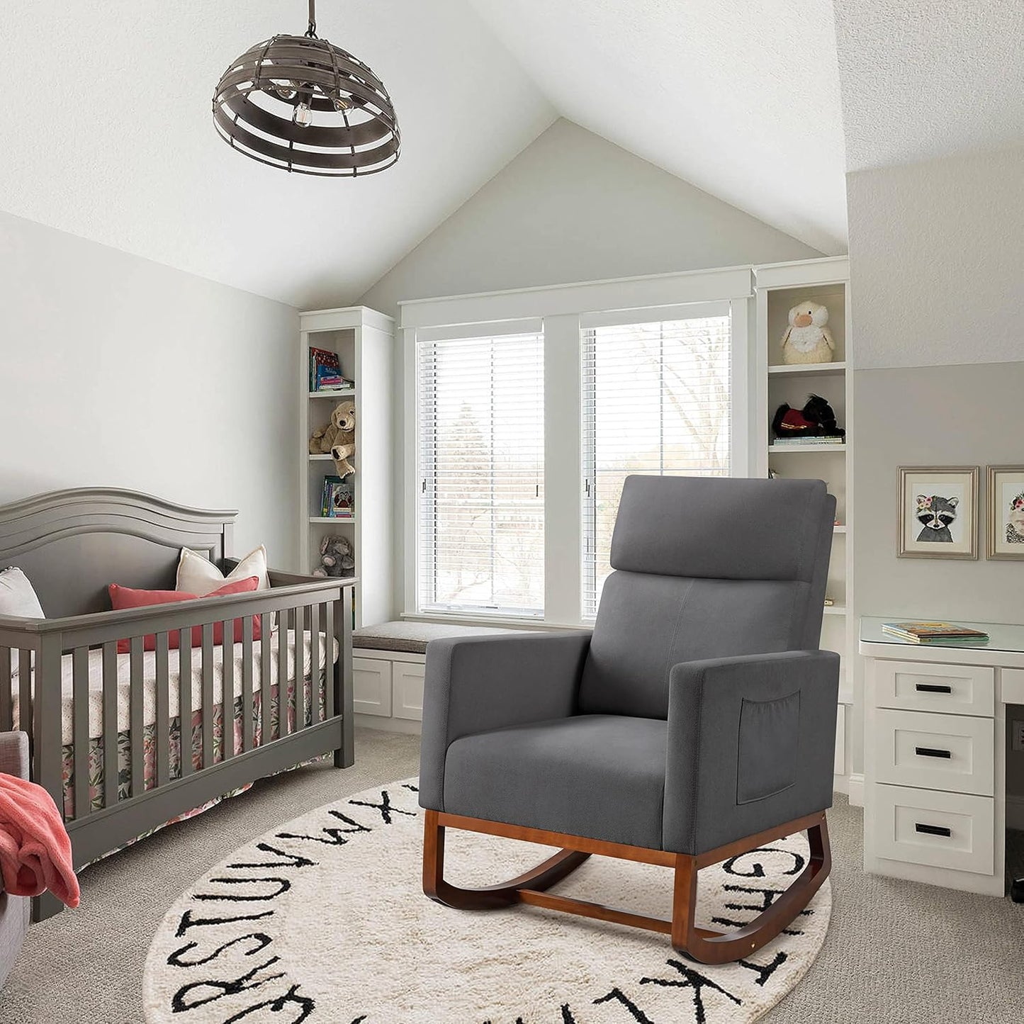 Topeakmart Nursery Rocking Chair, PU Leather Modern Accent Chair with Wood Legs Side Pocket Armchair Glider Rocker for Nursery Living Room Bedroom Lounge, Brown