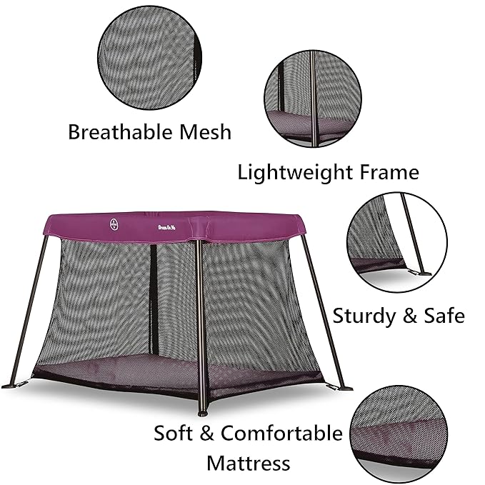 Dream On Me Travel Light Playard, Award Winning Lightweight Portable, Breathable Mesh Sides with Soft Comfortable Mattress, Easy Compact Fold Design with Travel Carry Bag – Purple