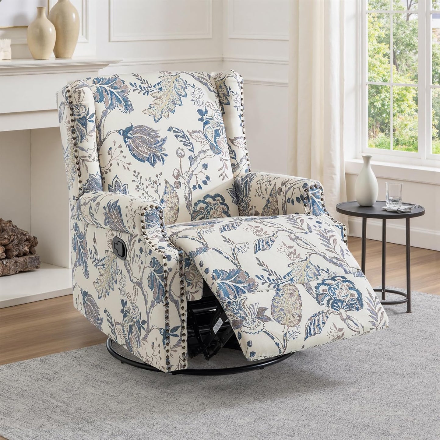 UIXE Swivel Glider Recliner Chair for Adults, High Back Nursery Rocker Floral Upholstered Armchair for Living Room, Manual Reclining Rivet Trim Sofa Lounge with Deep Seat in Fabric - Navy Blue