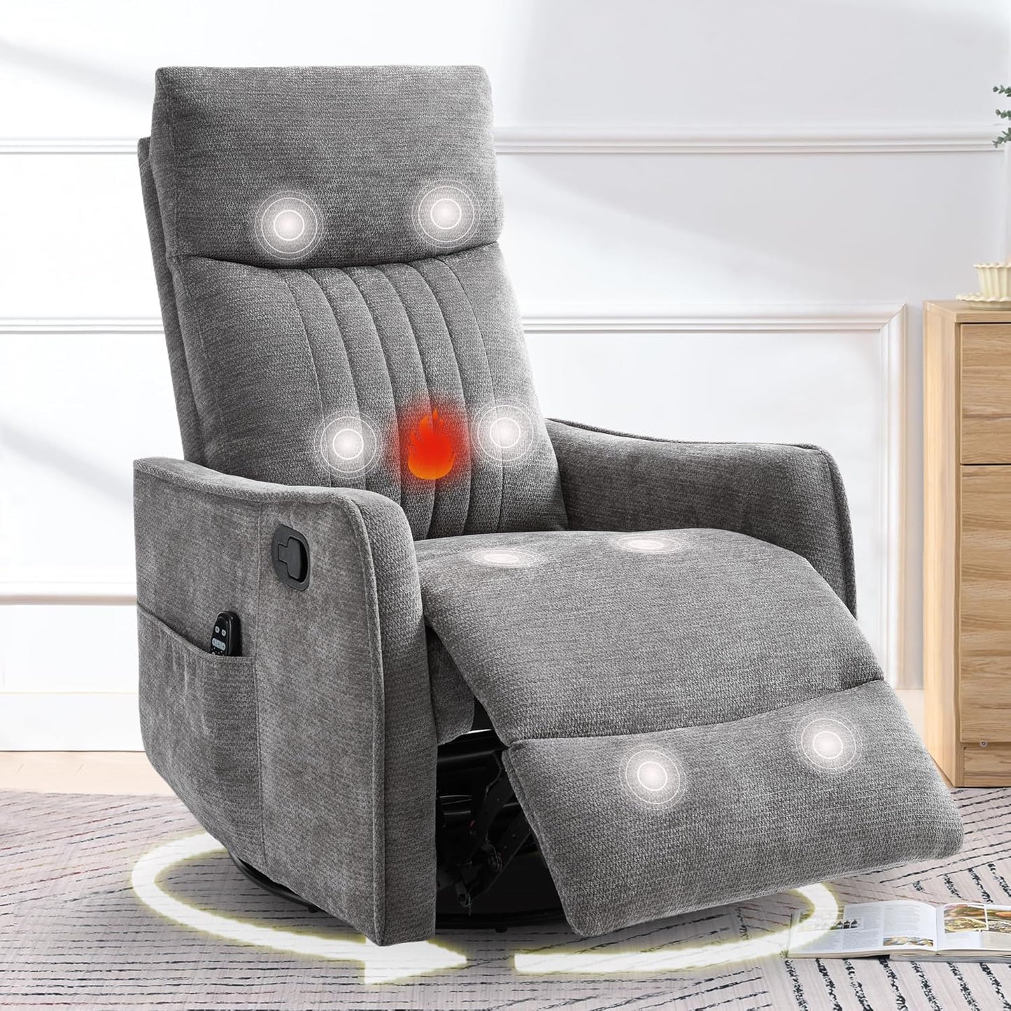 cinkehome Swivel Rocker Recliner, Glider Rocker Recliner Chair for Nursery, Manual Reclining Chair with Heated Massage, Small Spaces, Living Room, Khaki Chenille