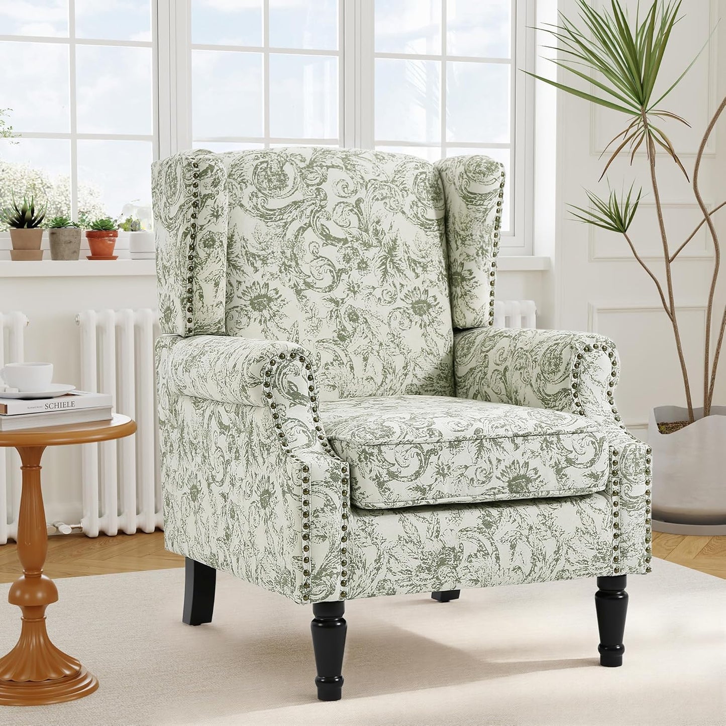 Swivel Rocker Recliner Chair, Manual Nursery Glider Recliner, Floral Fabric Wingback Accent Chair with Adjustable Backrest & Footrest for Small Spaces Living Room Bedroom (Plants Floral, Set of 1)
