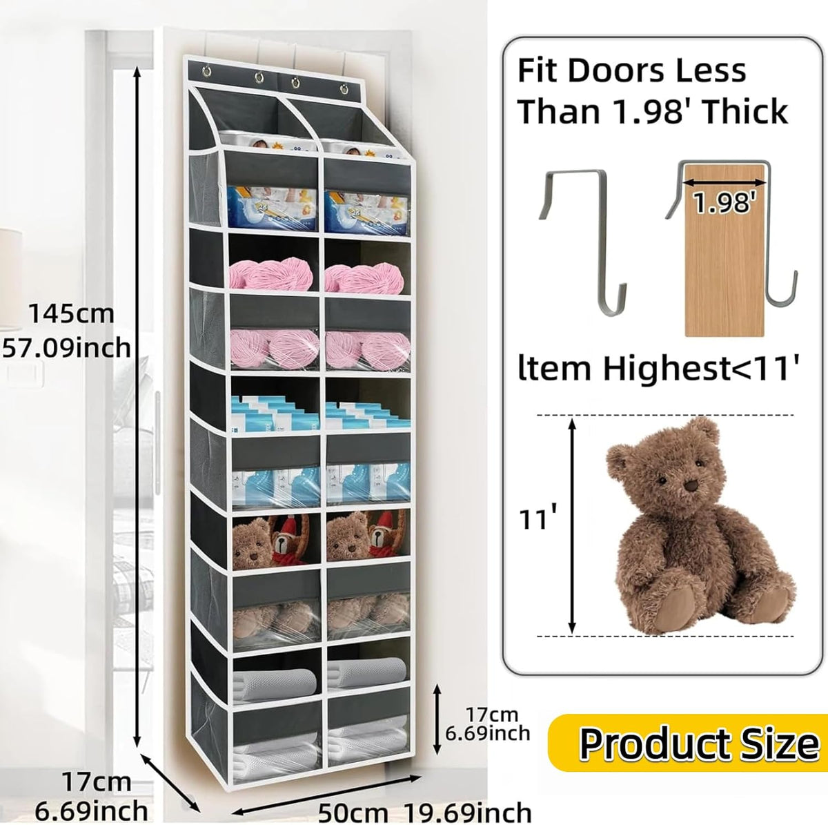 5 Tier Over the Door Organizer with 20 Pockets (Gray)