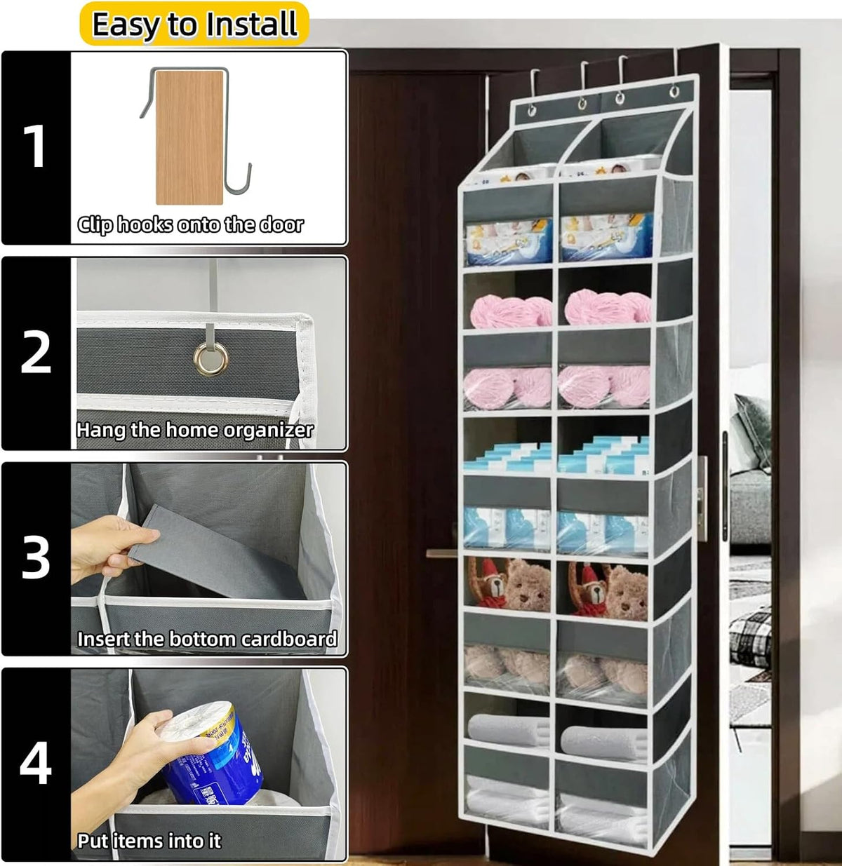 5 Tier Over the Door Organizer with 20 Pockets (Gray)