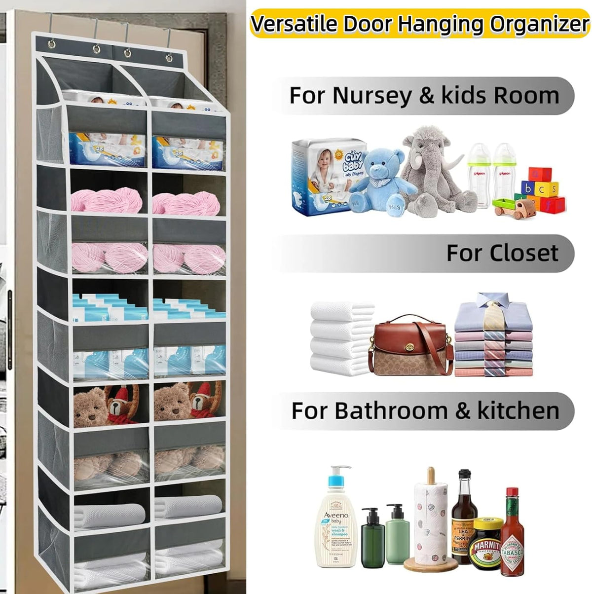 5 Tier Over the Door Organizer with 20 Pockets (Gray)
