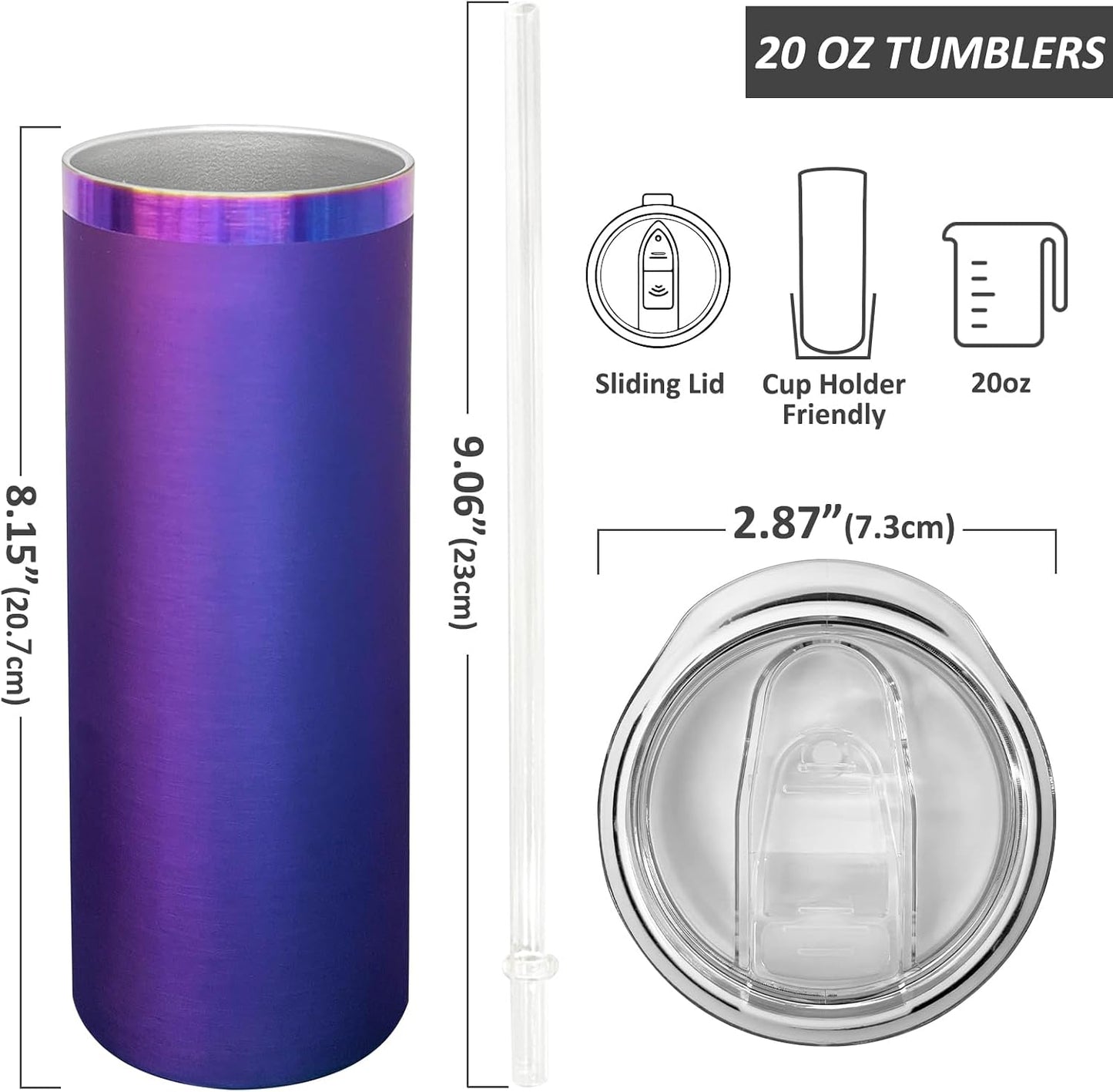 20 oz Skinny Tumblers Bulk with Lids and Straws Black,1 pack | Stainless Steel Insulated Tumbler, Double Wall Vaccum Travel Coffee Mug, Keep Drinks Cold&Hot, Powder Coated, Laser Engrave