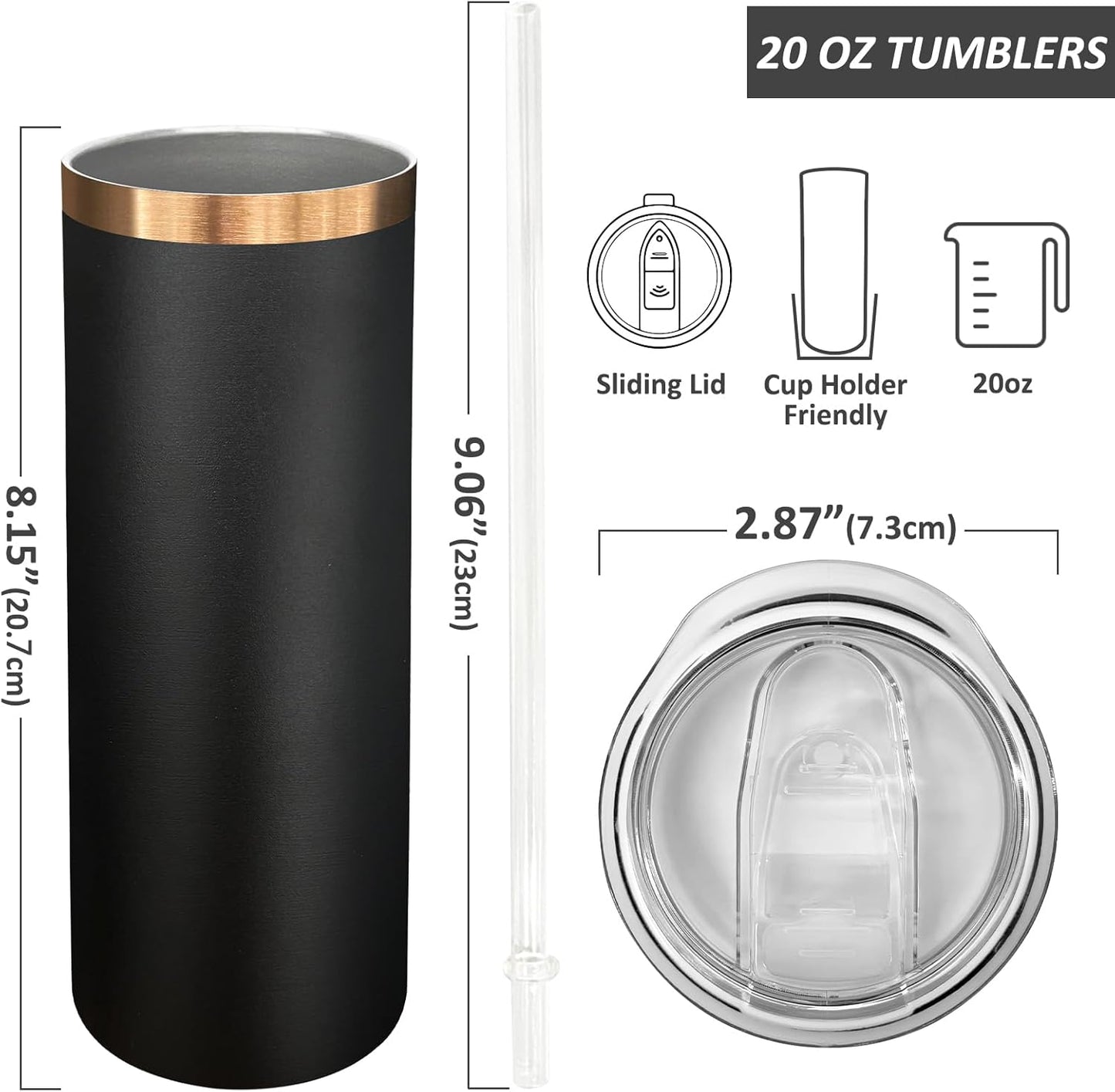 20 oz Skinny Tumblers Bulk with Lids and Straws Black,1 pack | Stainless Steel Insulated Tumbler, Double Wall Vaccum Travel Coffee Mug, Keep Drinks Cold&Hot, Powder Coated, Laser Engrave