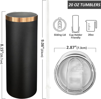 20 oz Skinny Tumblers Bulk with Lids and Straws Black,1 pack | Stainless Steel Insulated Tumbler, Double Wall Vaccum Travel Coffee Mug, Keep Drinks Cold&Hot, Powder Coated, Laser Engrave