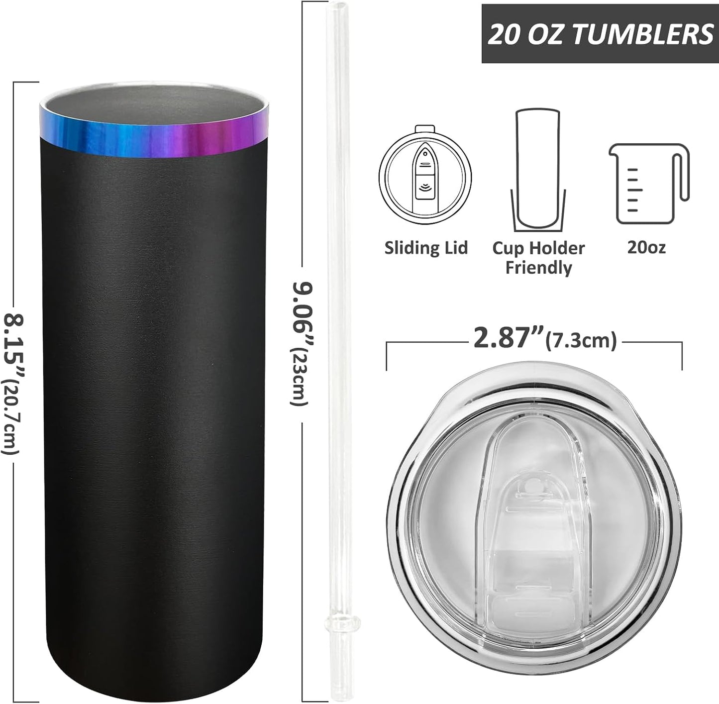 20 oz Skinny Tumblers Bulk with Lids and Straws Black,1 pack | Stainless Steel Insulated Tumbler, Double Wall Vaccum Travel Coffee Mug, Keep Drinks Cold&Hot, Powder Coated, Laser Engrave
