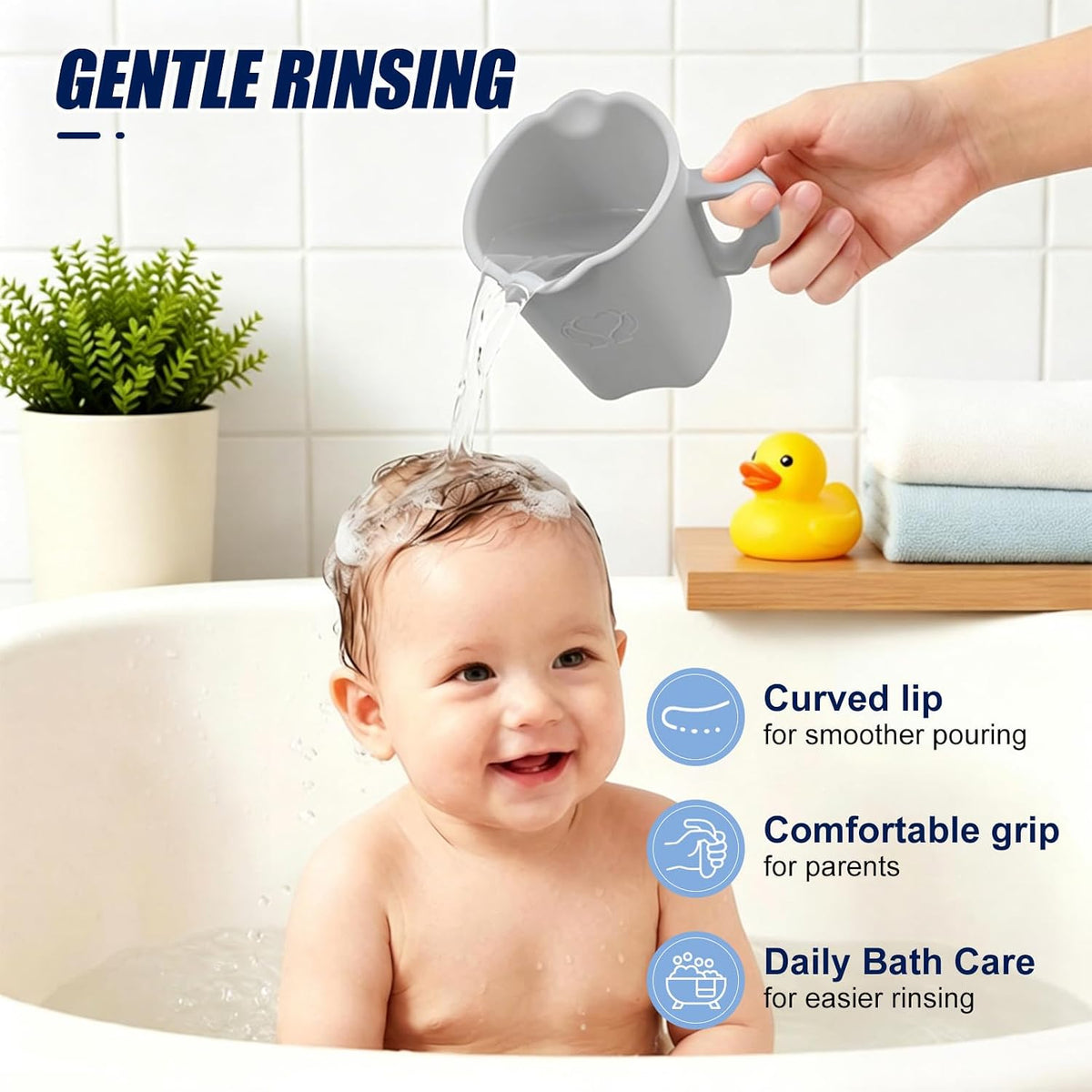 Baby Bath Rinse Cup, 100% Soft Silicone, Grey, for Hair Washing