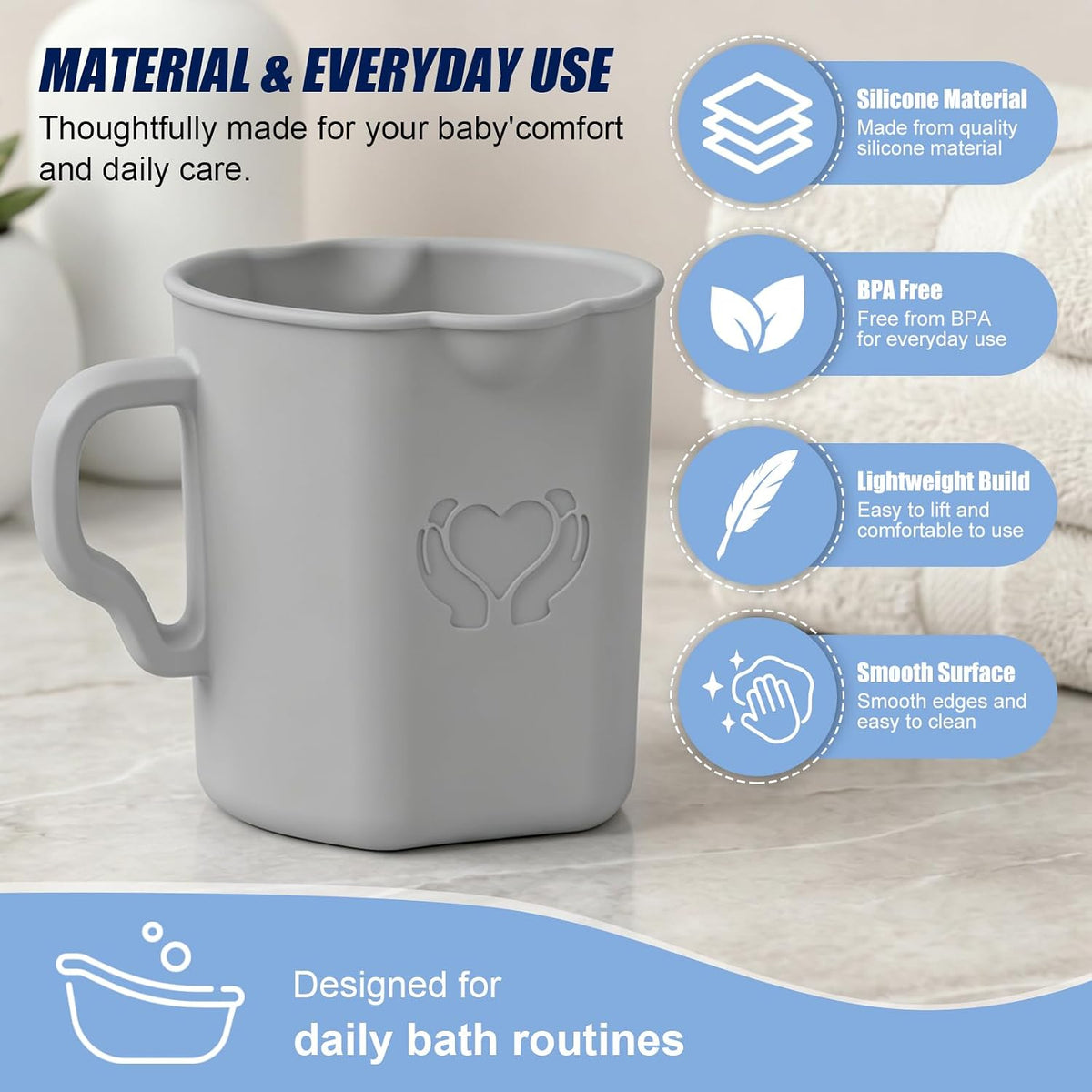Baby Bath Rinse Cup, 100% Soft Silicone, Grey, for Hair Washing