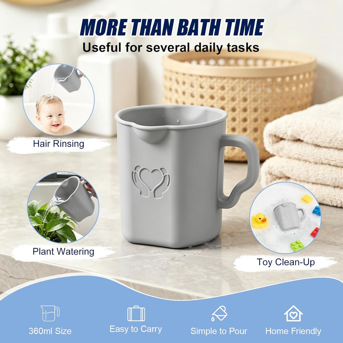 Baby Bath Rinse Cup, 100% Soft Silicone, Grey, for Hair Washing
