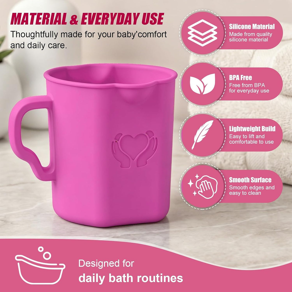 Baby Bath Rinse Cup, 100% Soft Silicone, Grey, for Hair Washing