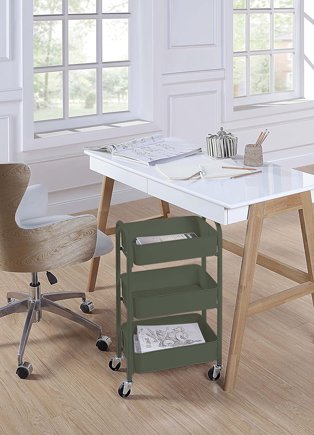 3-Tier Delicate Compact Rolling Metal Storage Organizer - Mobile Utility Cart Kitchen/Under Desk Cart with Caster Wheels - Blue (15.35" X 10.24" X 26.8"H)