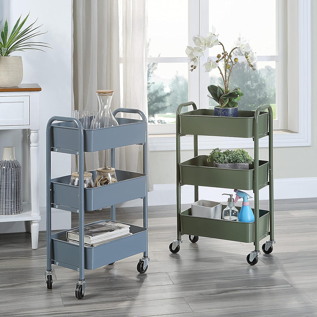 3-Tier Delicate Compact Rolling Metal Storage Organizer - Mobile Utility Cart Kitchen/Under Desk Cart with Caster Wheels - Blue (15.35" X 10.24" X 26.8"H)