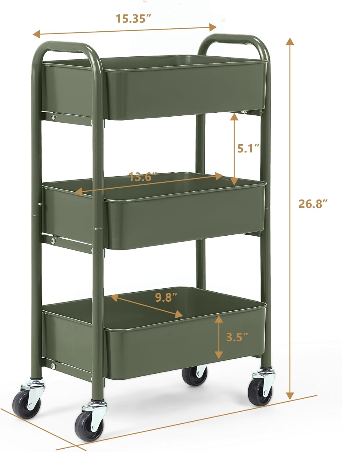 3-Tier Delicate Compact Rolling Metal Storage Organizer - Mobile Utility Cart Kitchen/Under Desk Cart with Caster Wheels - Blue (15.35" X 10.24" X 26.8"H)