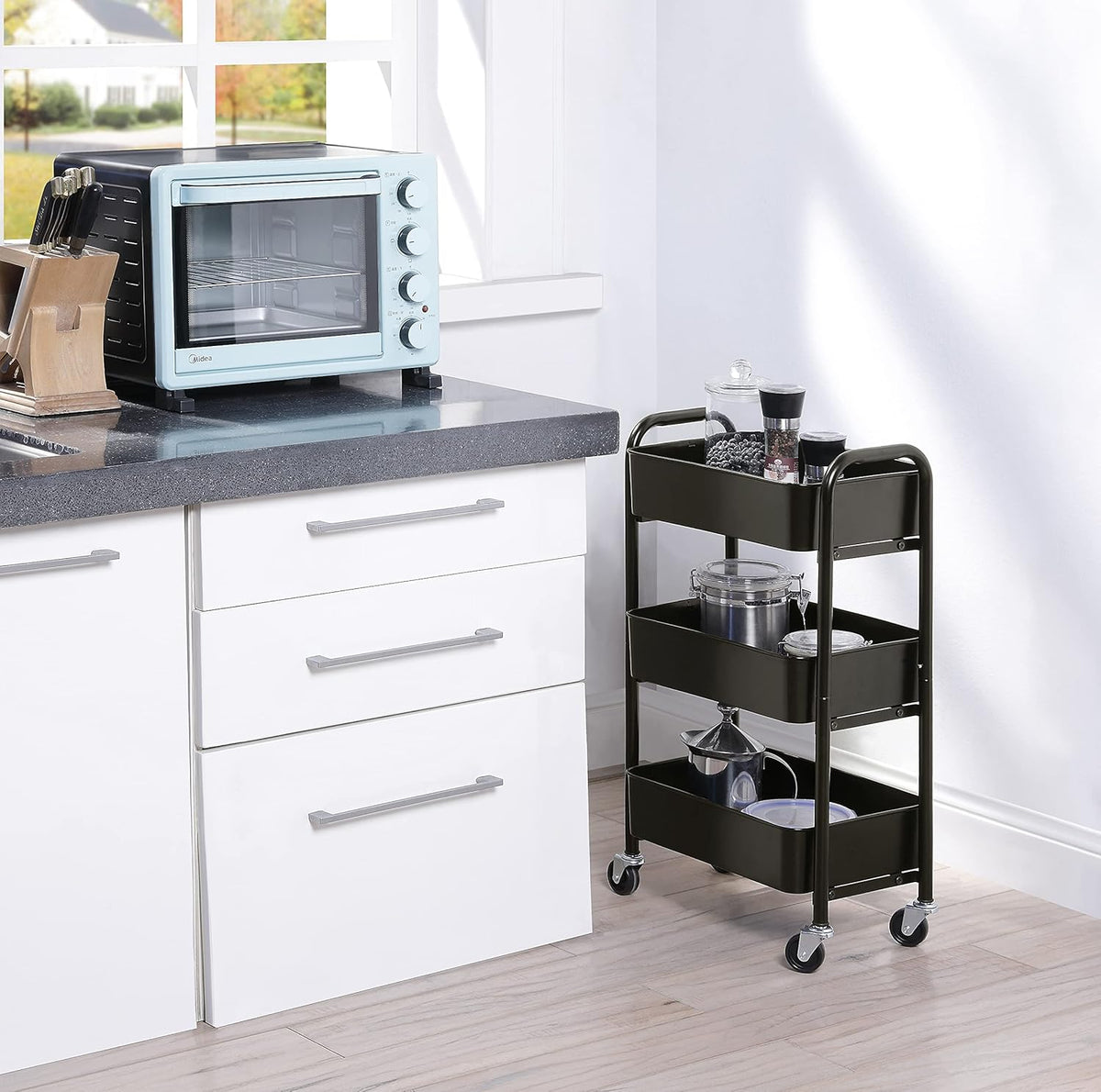 3-Tier Delicate Compact Rolling Metal Storage Organizer - Mobile Utility Cart Kitchen/Under Desk Cart with Caster Wheels - Blue (15.35" X 10.24" X 26.8"H)