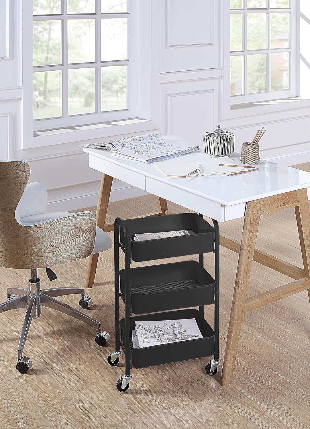 3-Tier Delicate Compact Rolling Metal Storage Organizer - Mobile Utility Cart Kitchen/Under Desk Cart with Caster Wheels - Blue (15.35" X 10.24" X 26.8"H)