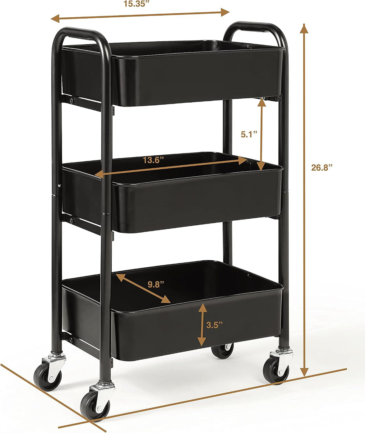 3-Tier Delicate Compact Rolling Metal Storage Organizer - Mobile Utility Cart Kitchen/Under Desk Cart with Caster Wheels - Blue (15.35" X 10.24" X 26.8"H)