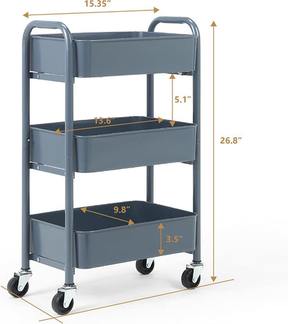 3-Tier Delicate Compact Rolling Metal Storage Organizer - Mobile Utility Cart Kitchen/Under Desk Cart with Caster Wheels - Blue (15.35" X 10.24" X 26.8"H)
