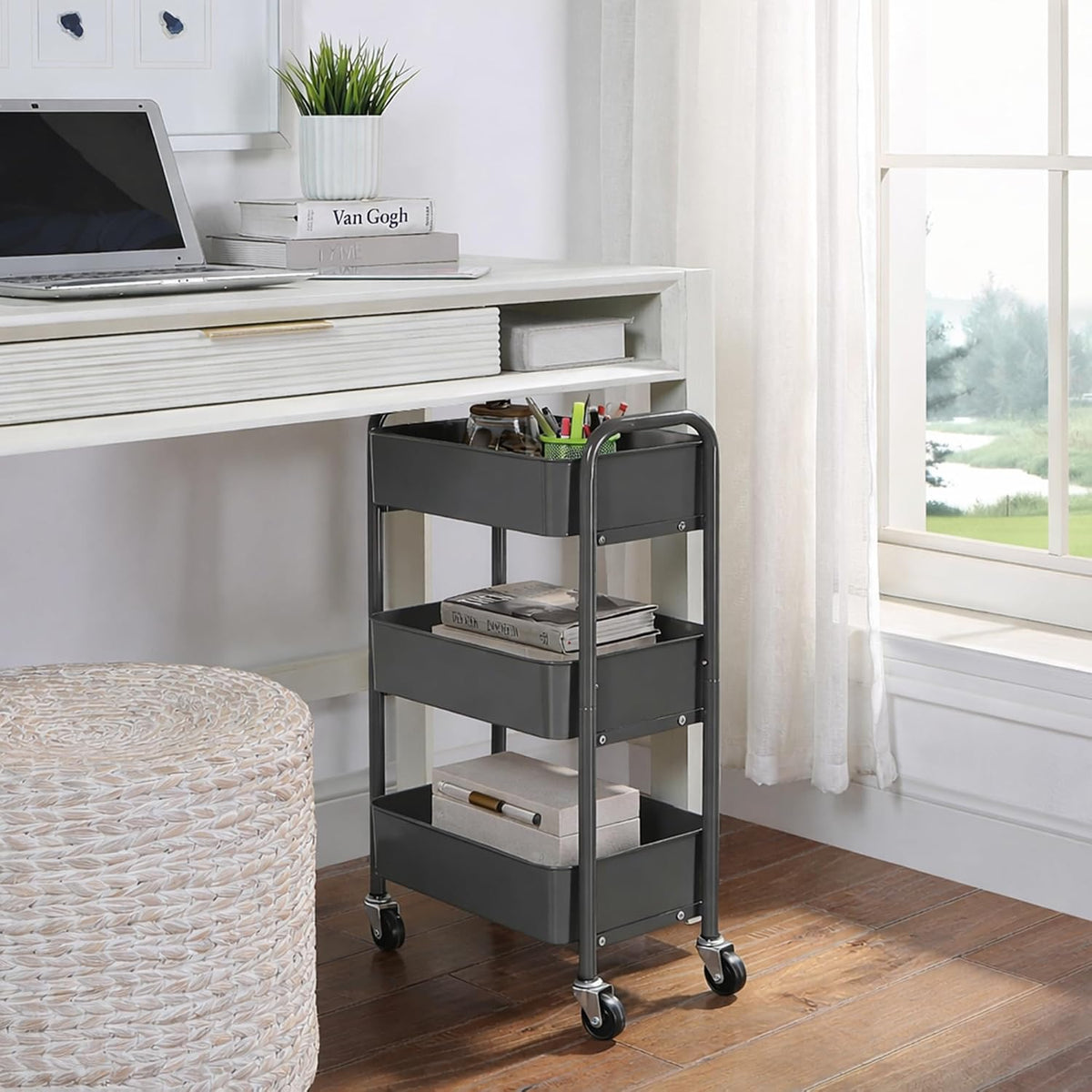 3-Tier Delicate Compact Rolling Metal Storage Organizer - Mobile Utility Cart Kitchen/Under Desk Cart with Caster Wheels - Blue (15.35" X 10.24" X 26.8"H)