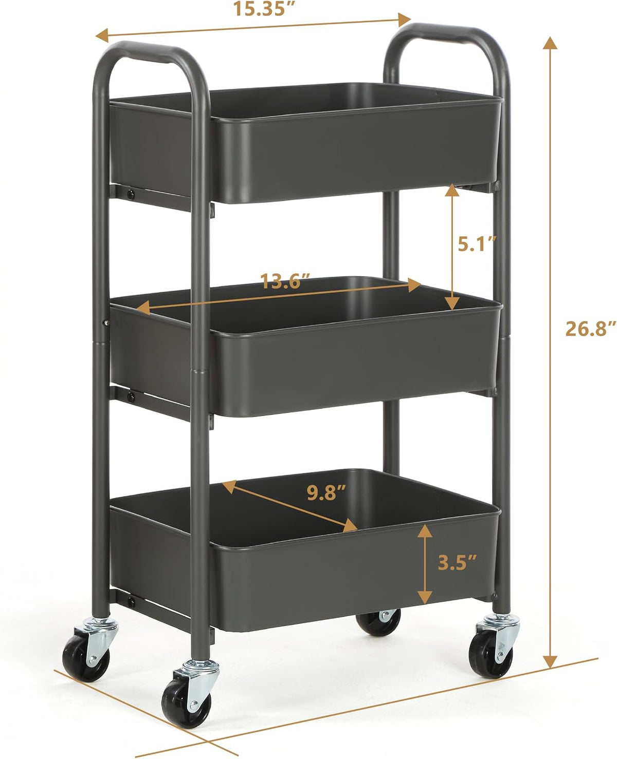 3-Tier Delicate Compact Rolling Metal Storage Organizer - Mobile Utility Cart Kitchen/Under Desk Cart with Caster Wheels - Blue (15.35" X 10.24" X 26.8"H)