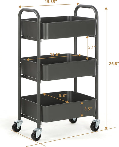 3-Tier Delicate Compact Rolling Metal Storage Organizer - Mobile Utility Cart Kitchen/Under Desk Cart with Caster Wheels - Blue (15.35" X 10.24" X 26.8"H)