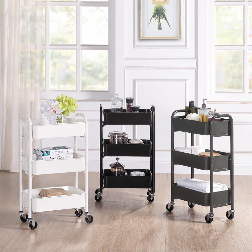 3-Tier Delicate Compact Rolling Metal Storage Organizer - Mobile Utility Cart Kitchen/Under Desk Cart with Caster Wheels - Blue (15.35" X 10.24" X 26.8"H)