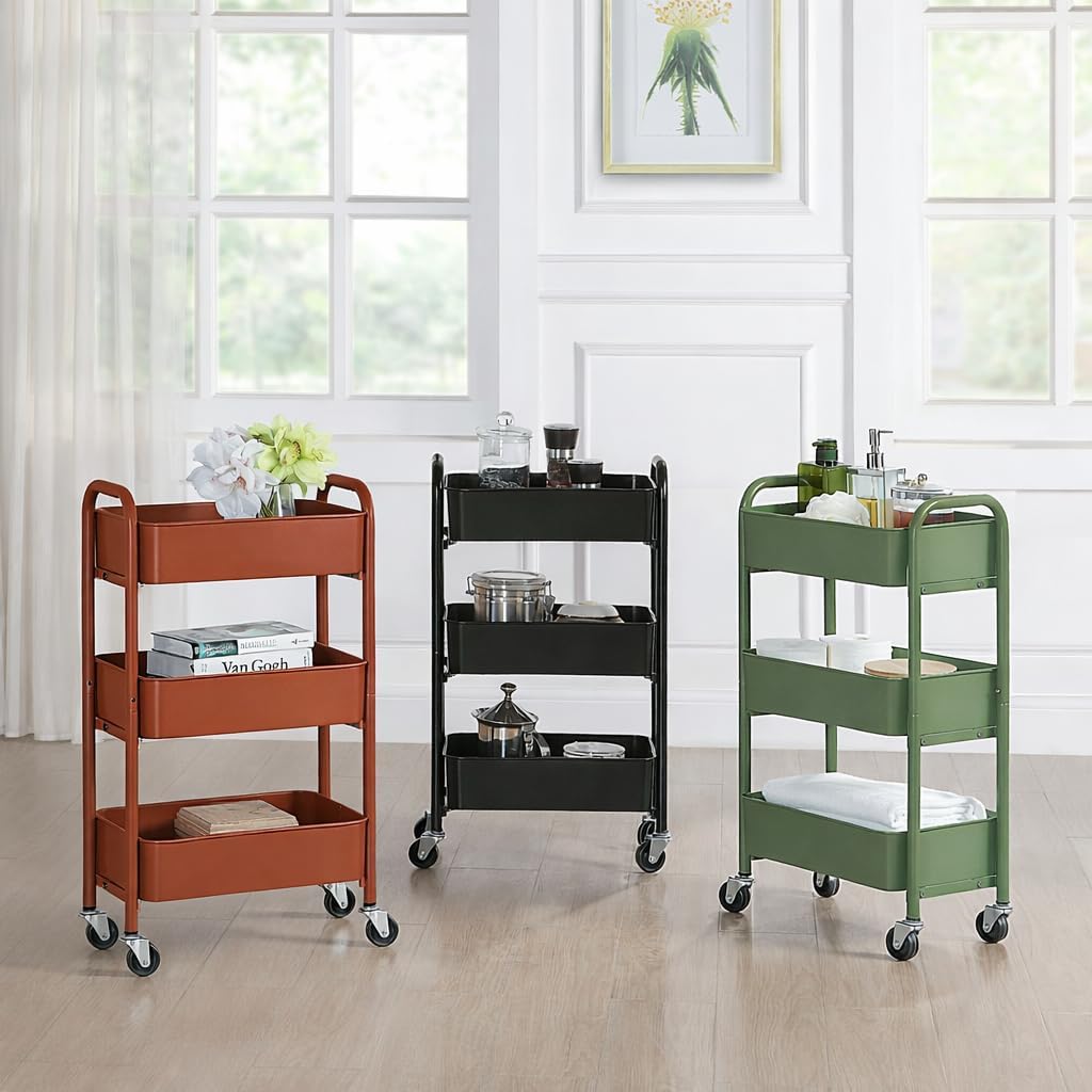 3-Tier Delicate Compact Rolling Metal Storage Organizer - Mobile Utility Cart Kitchen/Under Desk Cart with Caster Wheels - Blue (15.35" X 10.24" X 26.8"H)