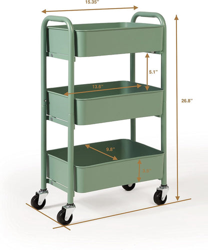 3-Tier Delicate Compact Rolling Metal Storage Organizer - Mobile Utility Cart Kitchen/Under Desk Cart with Caster Wheels - Blue (15.35" X 10.24" X 26.8"H)