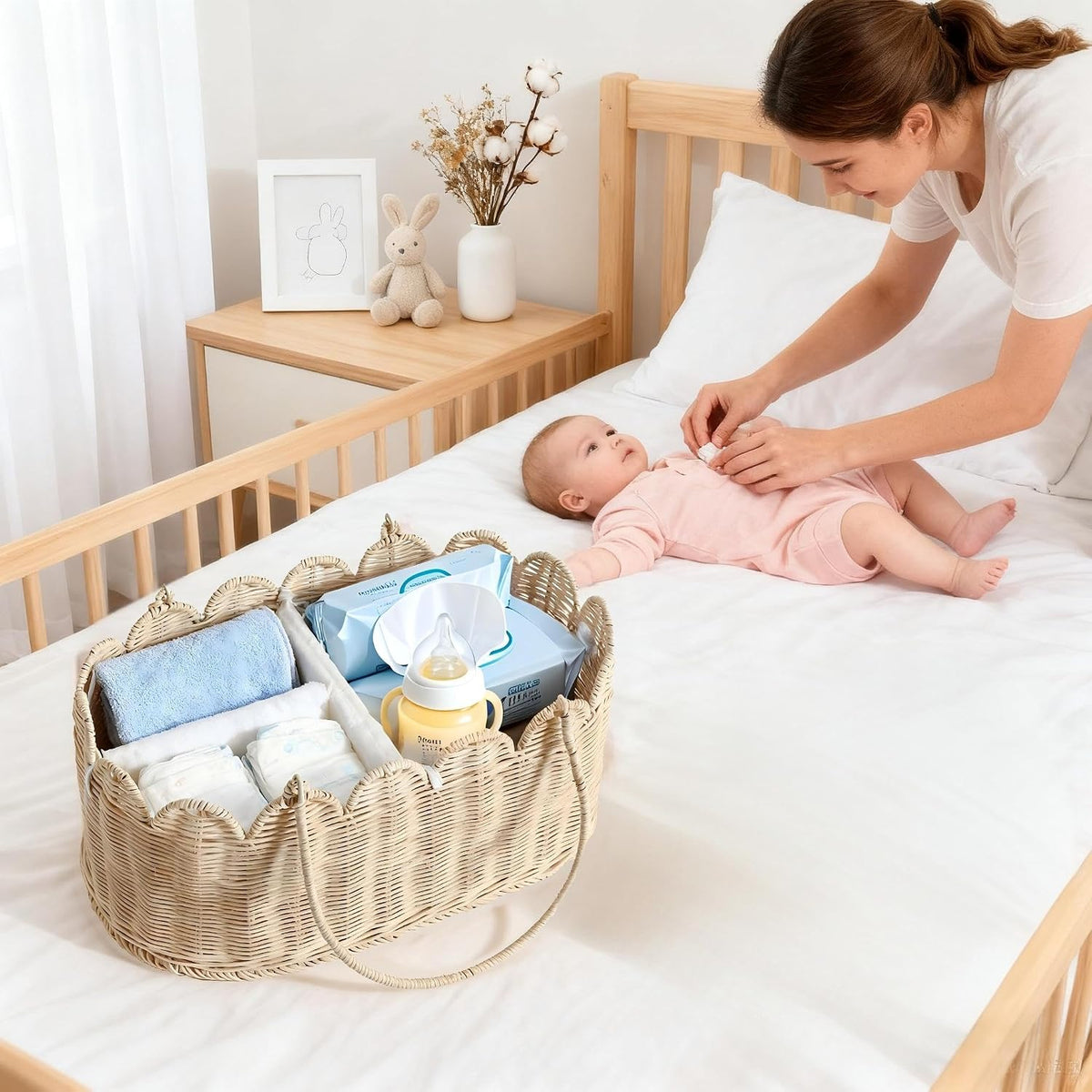 Premium Wicker Baby Diaper Caddy Organizer,Woven Scalloped Rattan Basket with Handle,Wicker Baby Carriage for Nursery (Scalloped Rattan Baby Diaper Caddy Organizer)