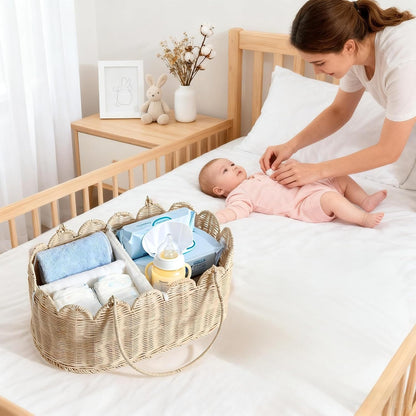 Premium Wicker Baby Diaper Caddy Organizer,Woven Scalloped Rattan Basket with Handle,Wicker Baby Carriage for Nursery (Scalloped Rattan Baby Diaper Caddy Organizer)