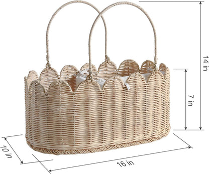Premium Wicker Baby Diaper Caddy Organizer,Woven Scalloped Rattan Basket with Handle,Wicker Baby Carriage for Nursery (Scalloped Rattan Baby Diaper Caddy Organizer)