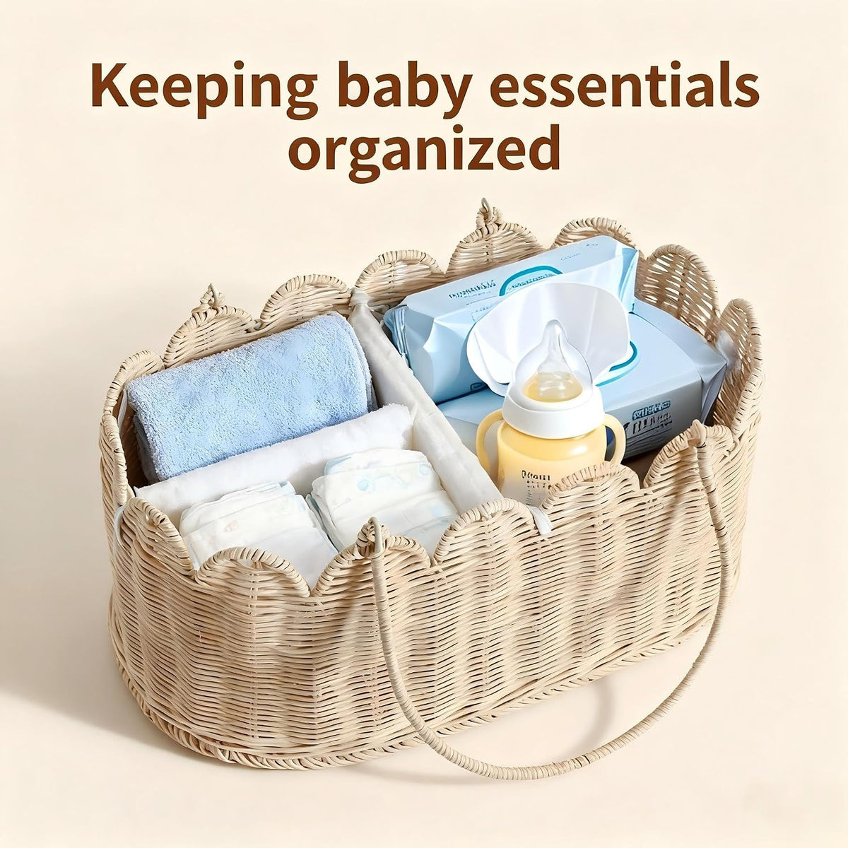 Premium Wicker Baby Diaper Caddy Organizer,Woven Scalloped Rattan Basket with Handle,Wicker Baby Carriage for Nursery (Scalloped Rattan Baby Diaper Caddy Organizer)