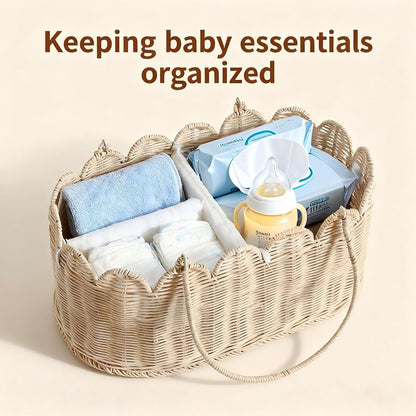 Premium Wicker Baby Diaper Caddy Organizer,Woven Scalloped Rattan Basket with Handle,Wicker Baby Carriage for Nursery (Scalloped Rattan Baby Diaper Caddy Organizer)