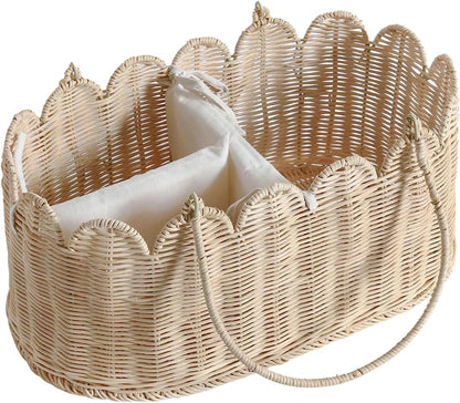Premium Wicker Baby Diaper Caddy Organizer,Woven Scalloped Rattan Basket with Handle,Wicker Baby Carriage for Nursery (Scalloped Rattan Baby Diaper Caddy Organizer)