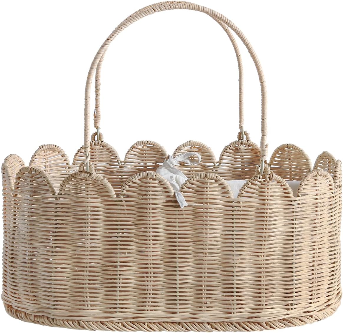 Premium Wicker Baby Diaper Caddy Organizer,Woven Scalloped Rattan Basket with Handle,Wicker Baby Carriage for Nursery (Scalloped Rattan Baby Diaper Caddy Organizer)