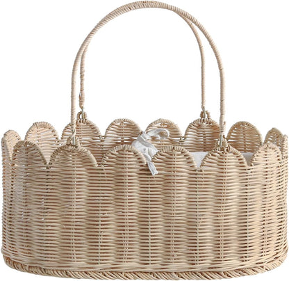 Premium Wicker Baby Diaper Caddy Organizer,Woven Scalloped Rattan Basket with Handle,Wicker Baby Carriage for Nursery (Scalloped Rattan Baby Diaper Caddy Organizer)