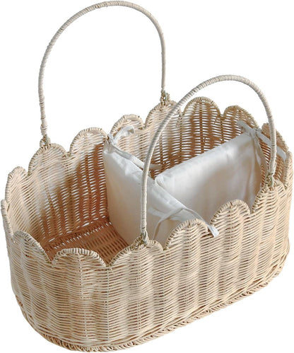 Premium Wicker Baby Diaper Caddy Organizer,Woven Scalloped Rattan Basket with Handle,Wicker Baby Carriage for Nursery (Scalloped Rattan Baby Diaper Caddy Organizer)