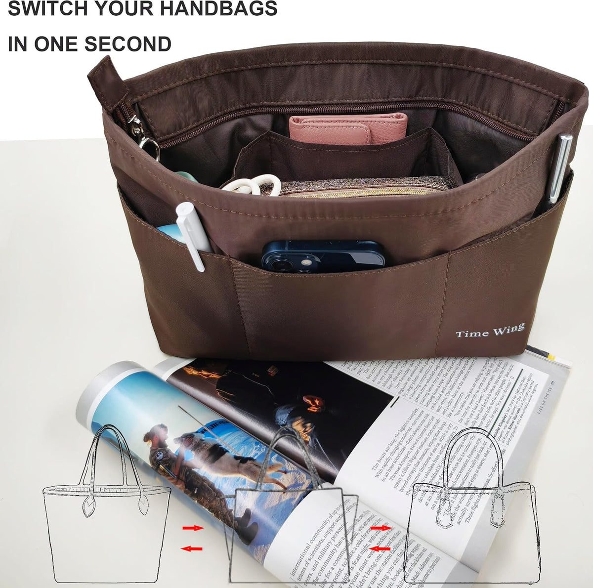 Purse Organizer Insert Tote Handbag Divider, Large, Beige