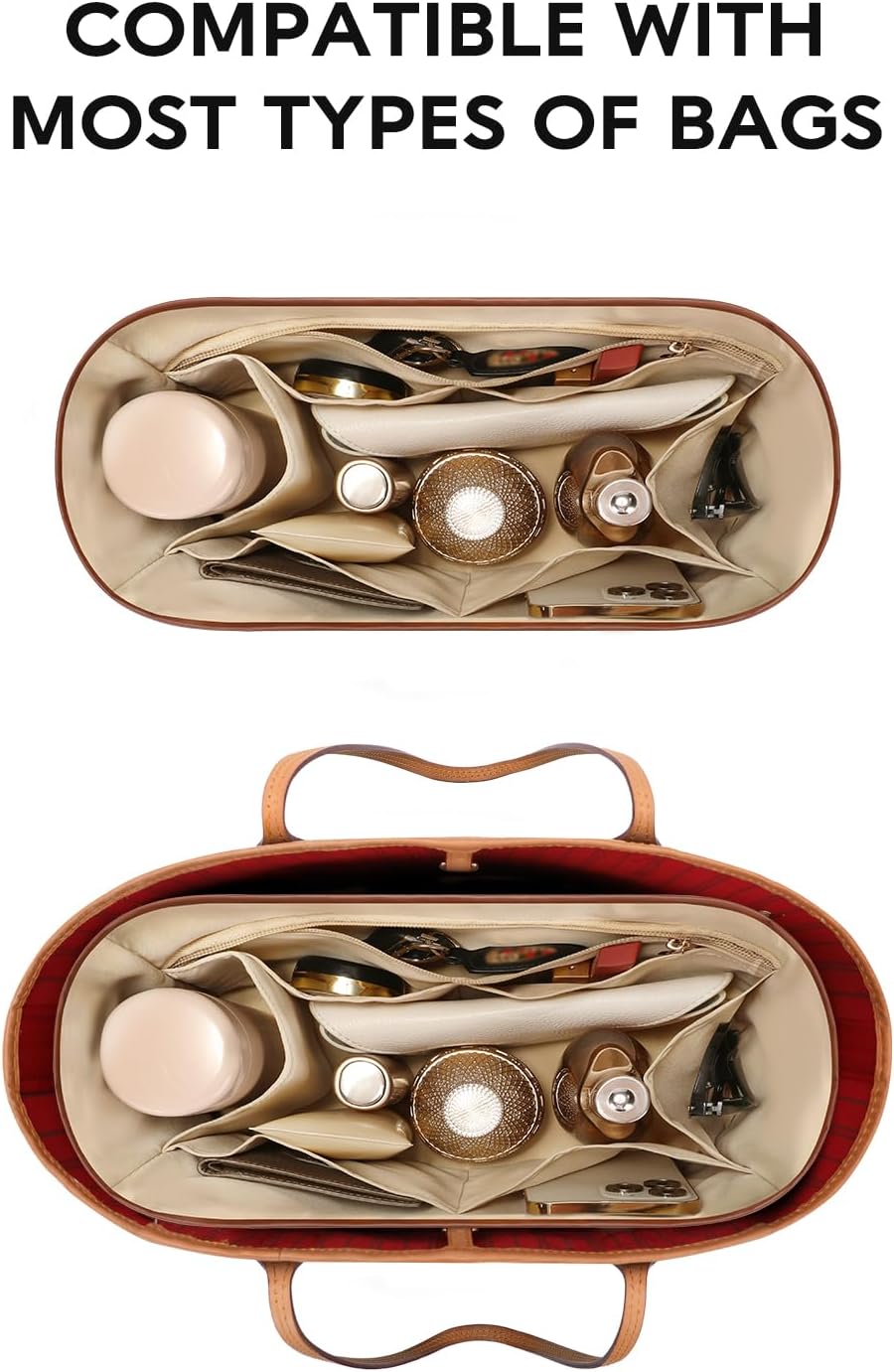 Purse Organizer Insert for Tote Bag, 12.99 Inch Satin Bag Organizer, Multi Pocket Handbag Organizer for Everyday Totes