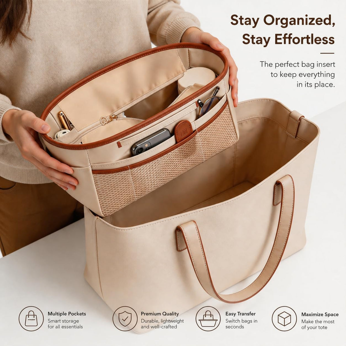 Purse Organizer Insert for Tote Bag, 12.99 Inch Satin Bag Organizer, Multi Pocket Handbag Organizer for Everyday Totes
