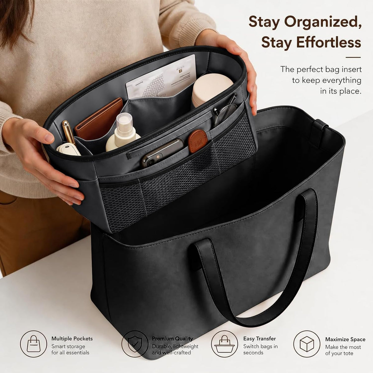 Purse Organizer Insert for Tote Bag, 12.99 Inch Satin Bag Organizer, Multi Pocket Handbag Organizer for Everyday Totes