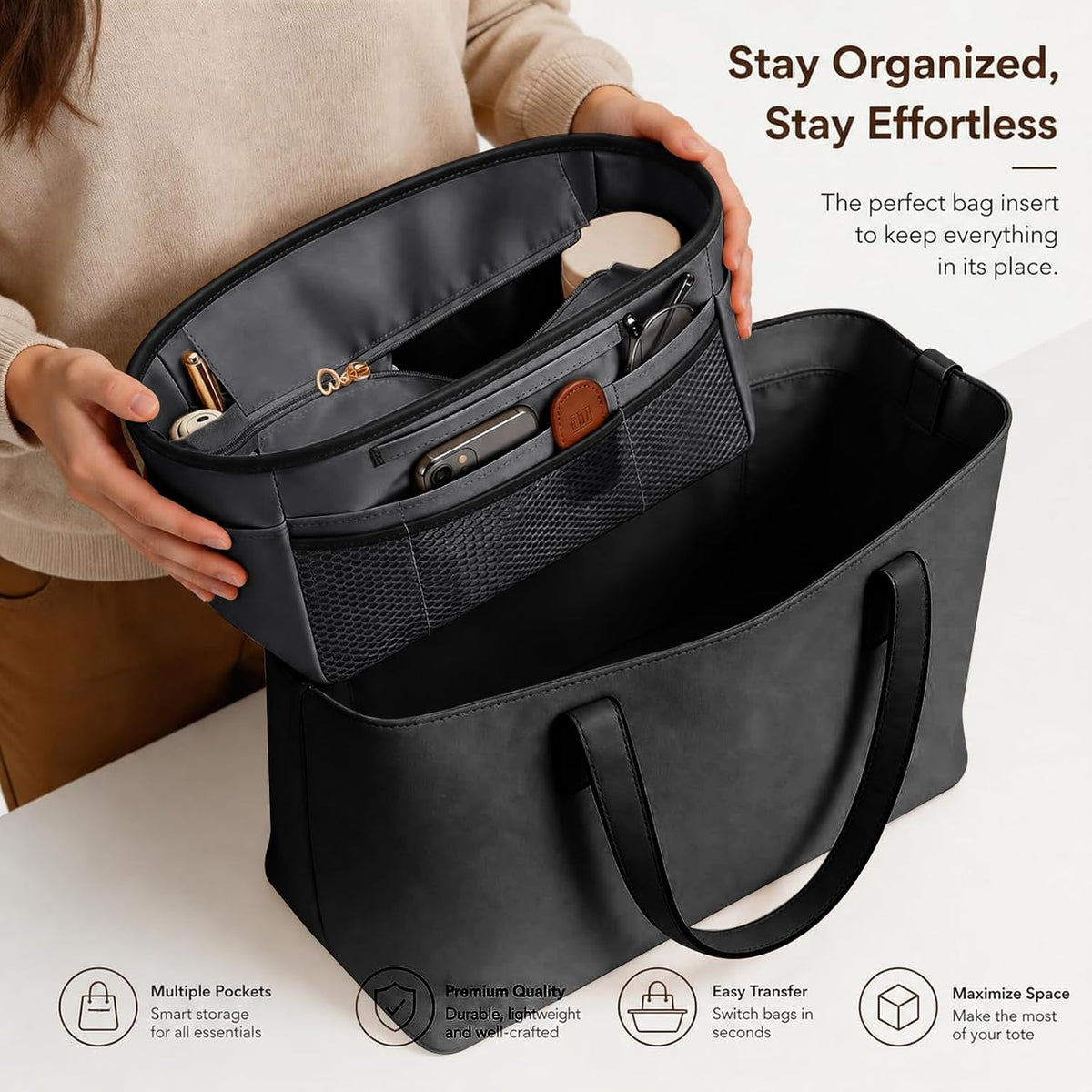 Purse Organizer Insert for Tote Bag, 12.99 Inch Satin Bag Organizer, Multi Pocket Handbag Organizer for Everyday Totes