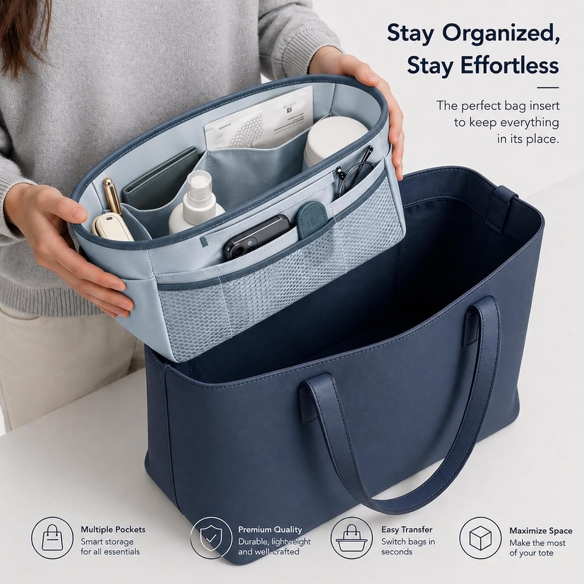 Purse Organizer Insert for Tote Bag, 12.99 Inch Satin Bag Organizer, Multi Pocket Handbag Organizer for Everyday Totes