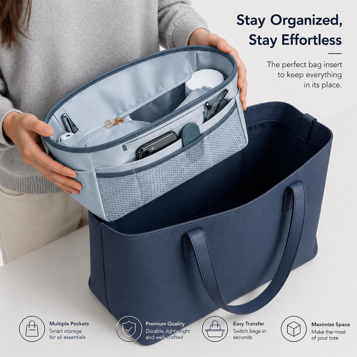 Purse Organizer Insert for Tote Bag, 12.99 Inch Satin Bag Organizer, Multi Pocket Handbag Organizer for Everyday Totes